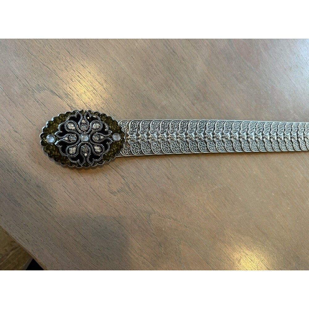 Belt OSFM Metal Silver Tone Elastic Stretch Oval Buckle w/ Enamel & Bling Vtg - Picture 10 of 16